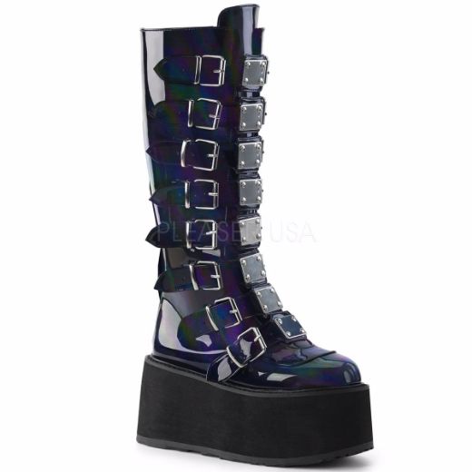 Product image of Demonia Damned-318 Black Hologram Vegan Leather, 3 1/2 inch Platform Knee High Boot