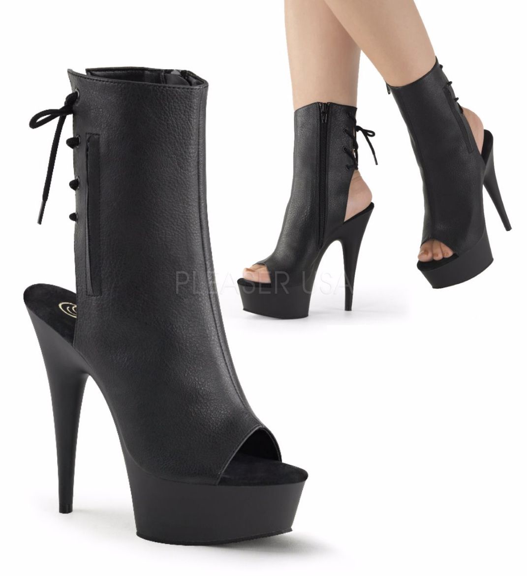 Product image of Pleaser Delight-1018 Black Faux Leather/Black, 6 inch (15.2 cm) Heel, 1 3/4 inch (4.4 cm) Platform Ankle Boot