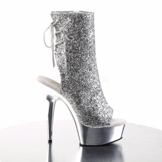 Product image of Pleaser Delight-1018G Silver Glitter/Silver Chrome, 6 inch (15.2 cm) Heel, 1 3/4 inch (4.4 cm) Platform Ankle Boot