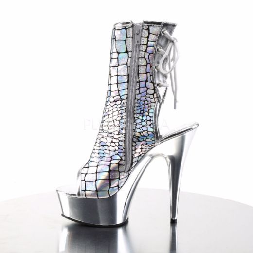 Product image of Pleaser Delight-1018Hg Silver Hologram Ostrich Pu/Silver Chrome, 6 inch (15.2 cm) Heel, 1 3/4 inch (4.4 cm) Platform Ankle Boot