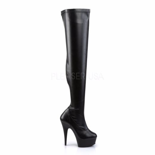 Product image of Pleaser Delight-3000 Black Stretch Faux Leather/Black Matte, 6 inch (15.2 cm) Heel, 1 3/4 inch (4.4 cm) Platform Thigh High Boot