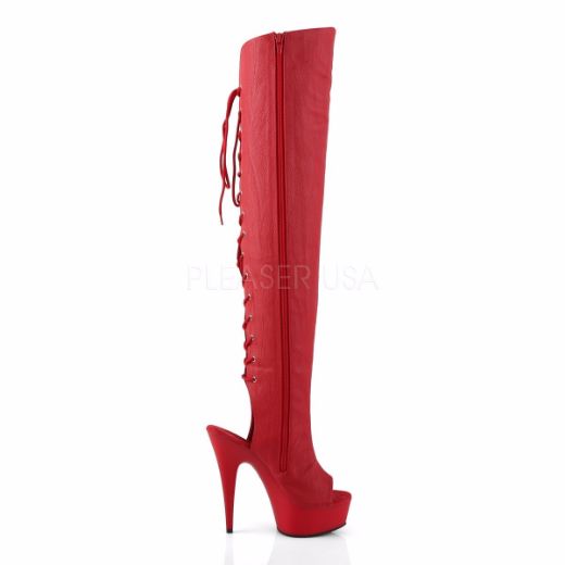 Product image of Pleaser Delight-3019 Red Faux Leather/Red Matte, 6 inch (15.2 cm) Heel, 1 3/4 inch (4.4 cm) Platform Thigh High Boot
