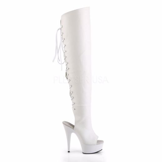 Product image of Pleaser Delight-3019 White Faux Leather/White, 6 inch (15.2 cm) Heel, 1 3/4 inch (4.4 cm) Platform Thigh High Boot