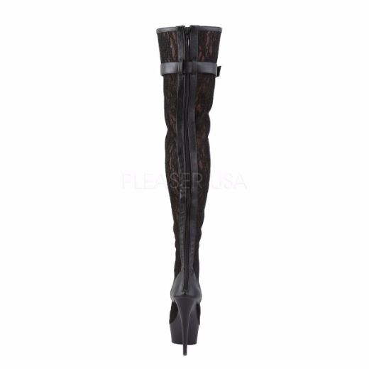 Product image of Pleaser Delight-3025Ml Black Faux Leather-Mesh-Lace/Black Matte, 6 inch (15.2 cm) Heel, 1 3/4 inch (4.4 cm) Platform Thigh High Boot