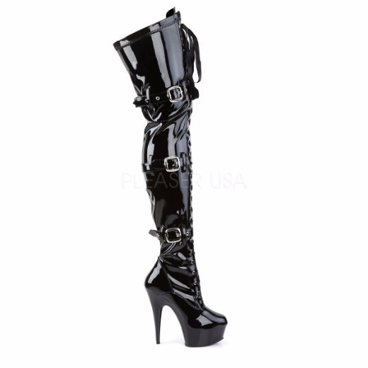 Product image of Pleaser Delight-3028 Black Stretch Patent/Black, 6 inch (15.2 cm) Heel, 1 3/4 inch (4.4 cm) Platform Thigh High Boot