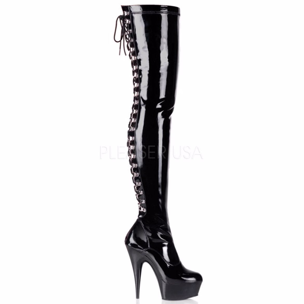 Product image of Pleaser Delight-3063 Black Stretch Patent/Black, 6 inch (15.2 cm) Heel, 1 3/4 inch (4.4 cm) Platform Thigh High Boot