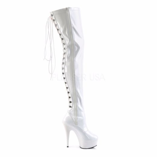 Product image of Pleaser Delight-3063 White Stretch Patent/White, 6 inch (15.2 cm) Heel, 1 3/4 inch (4.4 cm) Platform Thigh High Boot