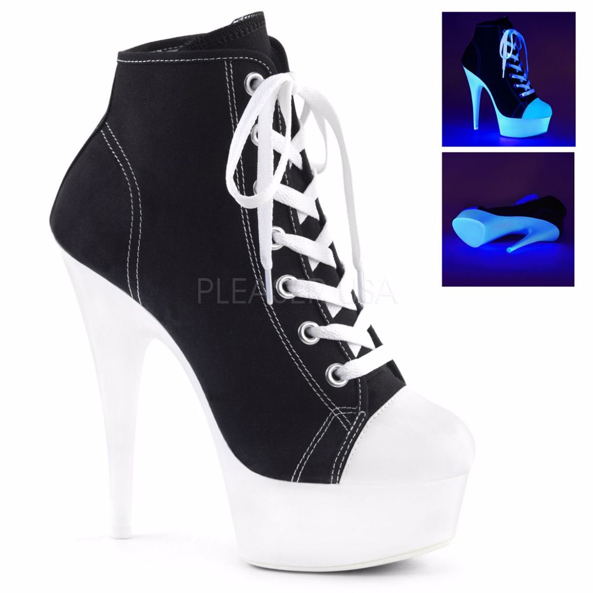 Product image of Pleaser Delight-600Sk-02 Black Canvas/Neon White, 6 inch (15.2 cm) Heel, 1 3/4 inch (4.4 cm) Platform Ankle Boot