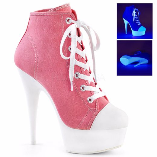 Product image of Pleaser Delight-600Sk-02 Pink Canvas/Neon White, 6 inch (15.2 cm) Heel, 1 3/4 inch (4.4 cm) Platform Ankle Boot