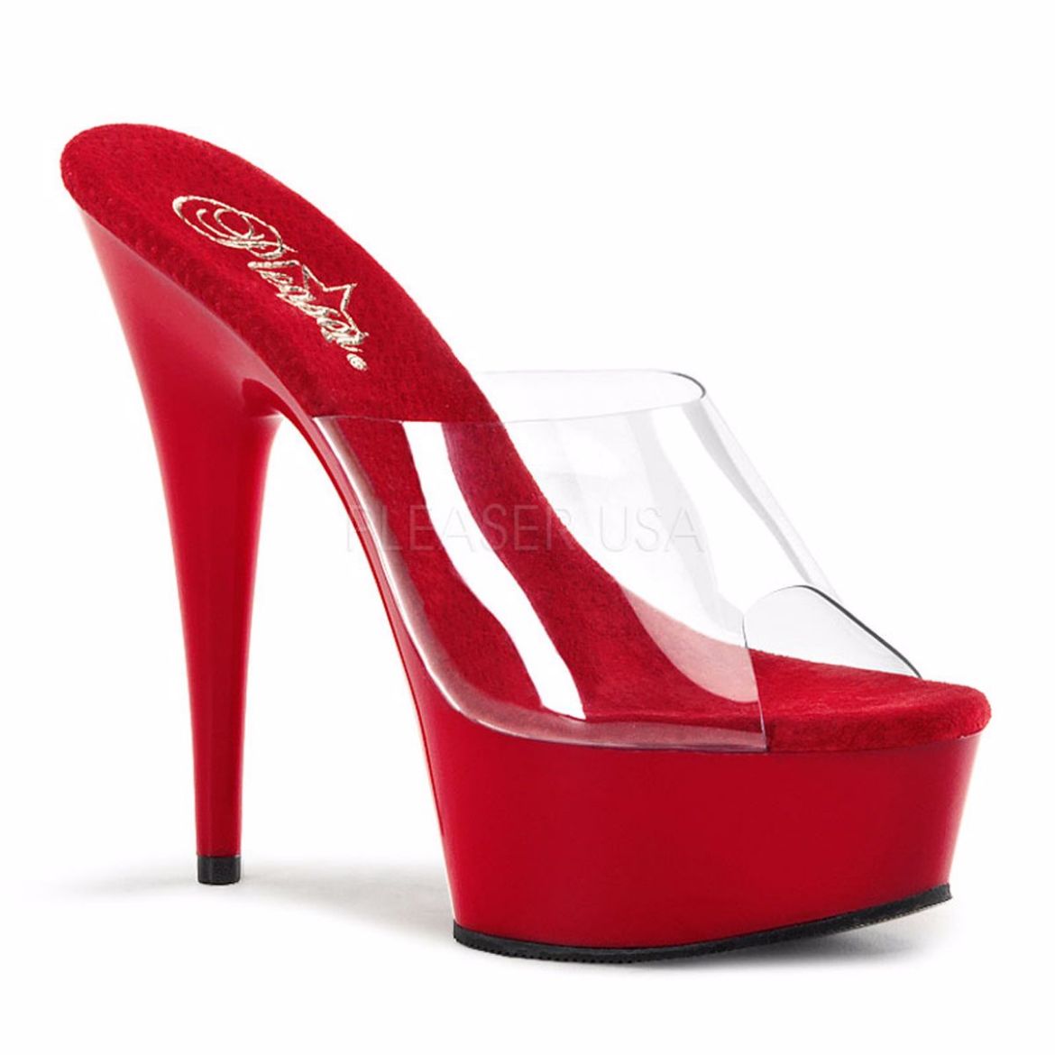 Product image of Pleaser Delight-601 Clear/Red, 6 inch (15.2 cm) Heel, 1 3/4 inch (4.4 cm) Platform Slide Mule Shoes