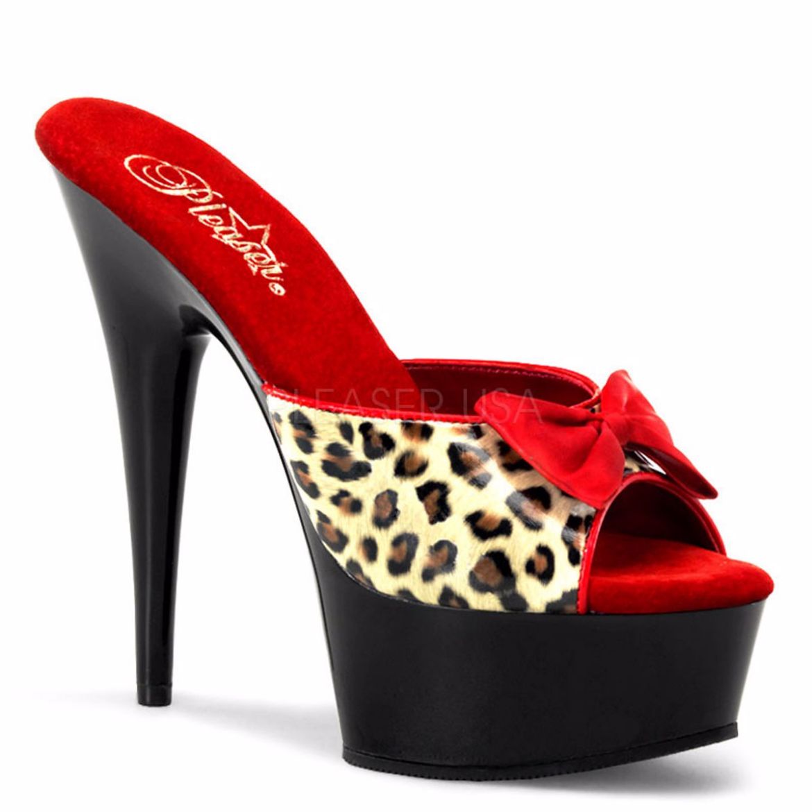 Product image of Pleaser Delight-601-6 Tan Leopard Print Faux Leather/Black, 6 inch (15.2 cm) Heel, 1 3/4 inch (4.4 cm) Platform Slide Mule Shoes