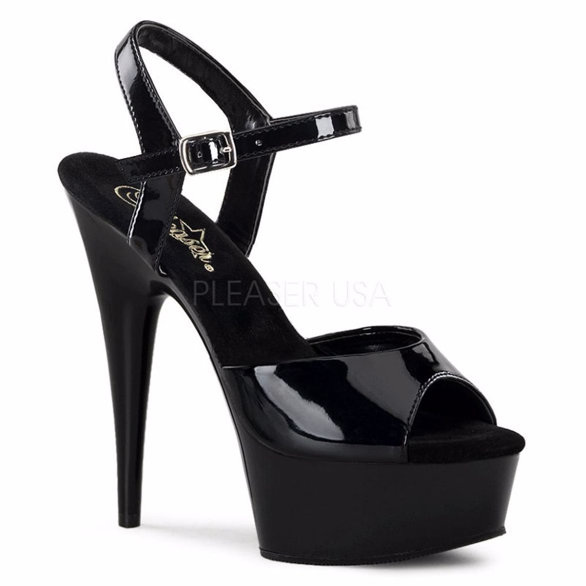 Product image of Pleaser Delight-609 Black Patent/Black, 6 inch (15.2 cm) Heel, 1 3/4 inch (4.4 cm) Platform Sandal Shoes