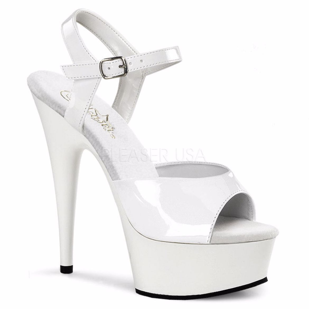 Product image of Pleaser Delight-609 White Patent/White, 6 inch (15.2 cm) Heel, 1 3/4 inch (4.4 cm) Platform Sandal Shoes