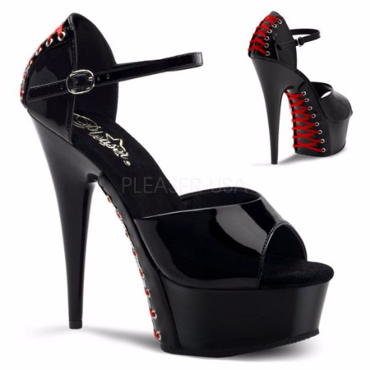 Product image of Pleaser Delight-660Fh Black Patent/Black (Red Lace), 6 inch (15.2 cm) Heel, 1 3/4 inch (4.4 cm) Platform Sandal Shoes