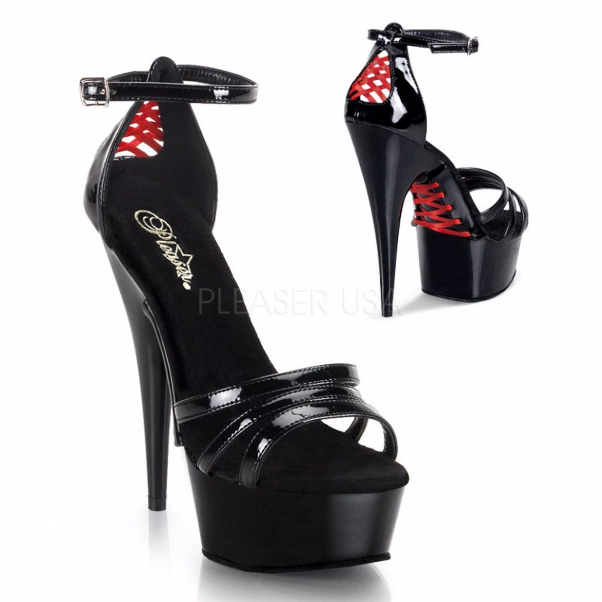Product image of Pleaser Delight-662 Black Patent/Black, 6 inch (15.2 cm) Heel, 1 3/4 inch (4.4 cm) Platform Sandal Shoes