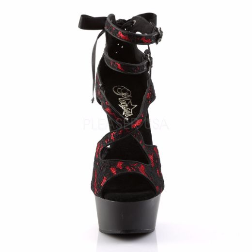 Product image of Pleaser Delight-678Lc Red Satin-Lace/Black Matte, 6 inch (15.2 cm) Heel, 1 3/4 inch (4.4 cm) Platform Sandal Shoes