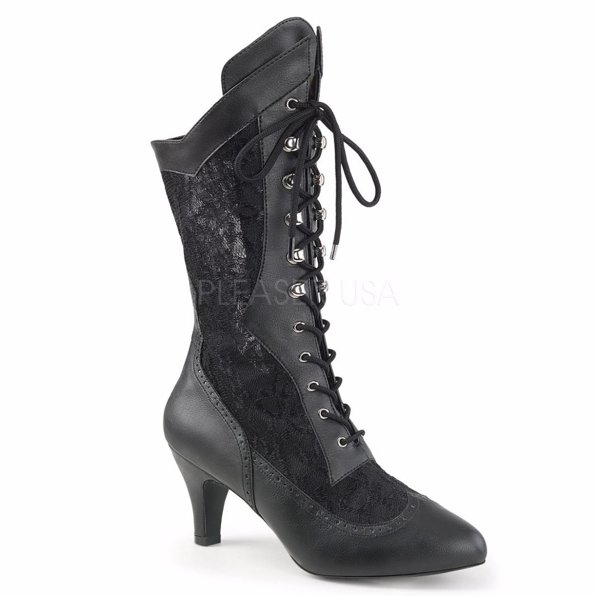 Product image of Pleaser Pink Label Divine-1050 Black Faux Leather-Satin Lace, 3 inch (7.6 cm) Heel Ankle Boot