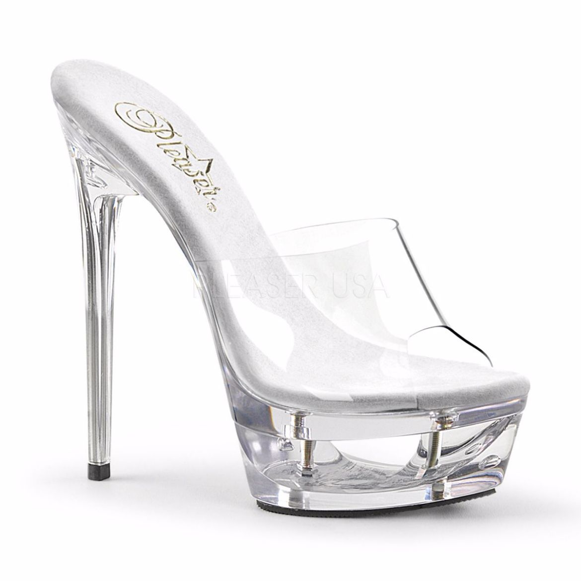 Product image of Pleaser Eclipse-601 Clear/Clear, 6 1/2 inch (16.5 cm) Heel, 1 3/4 inch (4.4 cm) Platform Slide Mule Shoes