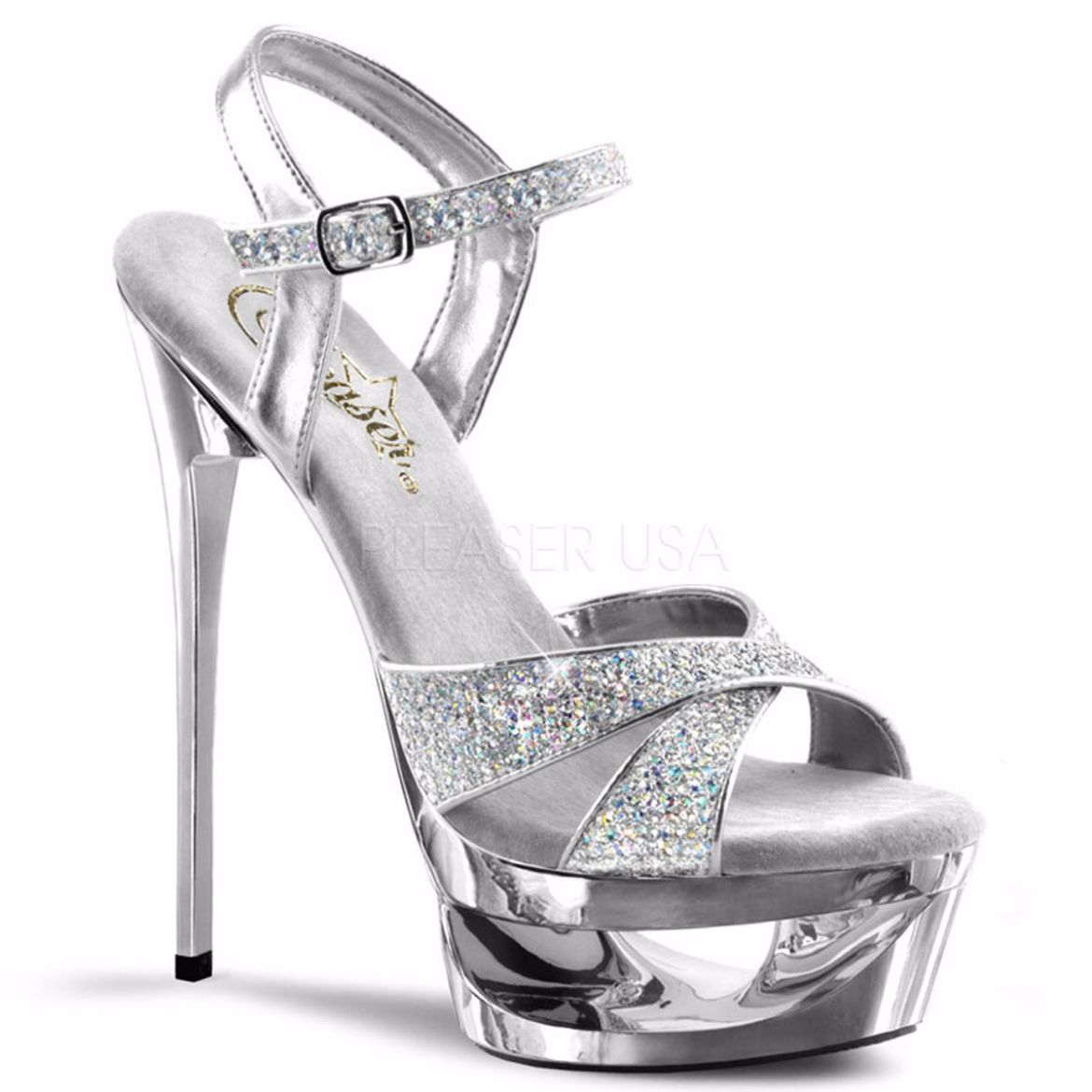 Product image of Pleaser Eclipse-619G Silver Multi Glitter/Silver Chrome, 6 1/2 inch (16.5 cm) Heel, 1 3/4 inch (4.4 cm) Platform Sandal Shoes