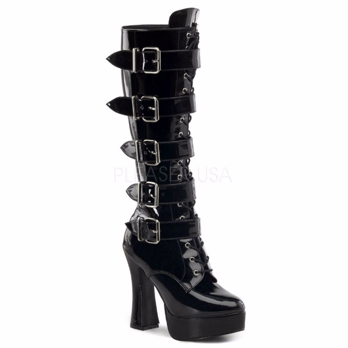 Product image of Pleaser Electra-2042 Black Patent, 5 inch (12.7 cm) Heel, 1 1/2 inch (3.8 cm) Platform Knee High Boot