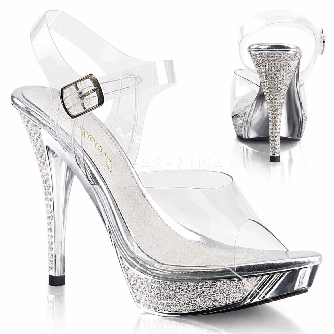 Product image of Fabulicious Elegant-408 Clear/Silver Chrome, 4 1/2 inch (11.4 cm) Heel, 1 inch (2.5 cm) Platform Sandal Shoes