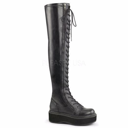 Product image of Demonia Emily-375 Black Stretch Vegan Leather, 2 inch Platform Thigh High Boot