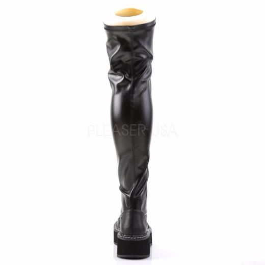 Product image of Demonia Emily-375 Black Stretch Vegan Leather, 2 inch Platform Thigh High Boot