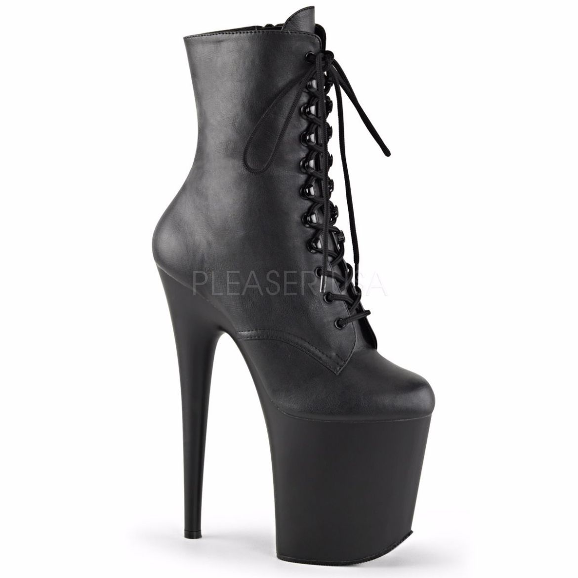 Product image of Pleaser Flamingo-1020 Black Faux Leather/Black Matte, 8 inch (20.3 cm) Heel, 4 inch (10.2 cm) Platform Ankle Boot