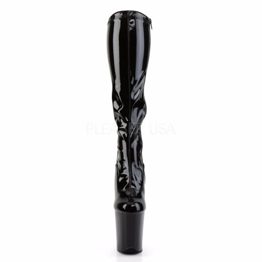 Product image of Pleaser Flamingo-2000 Black Stretch Patent/Black, 8 inch (20.3 cm) Heel, 4 inch (10.2 cm) Platform Knee High Boot