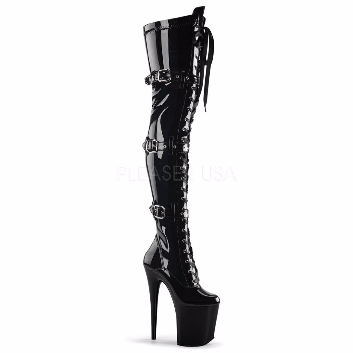 Product image of Pleaser Flamingo-3028 Black Stretch Patent/Black, 8 inch (20.3 cm) Heel, 4 inch (10.2 cm) Platform Thigh High Boot