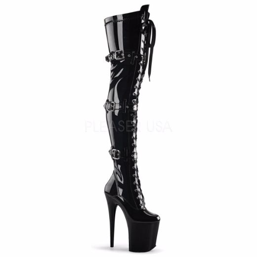 Product image of Pleaser Flamingo-3028 Black Stretch Patent/Black, 8 inch (20.3 cm) Heel, 4 inch (10.2 cm) Platform Thigh High Boot
