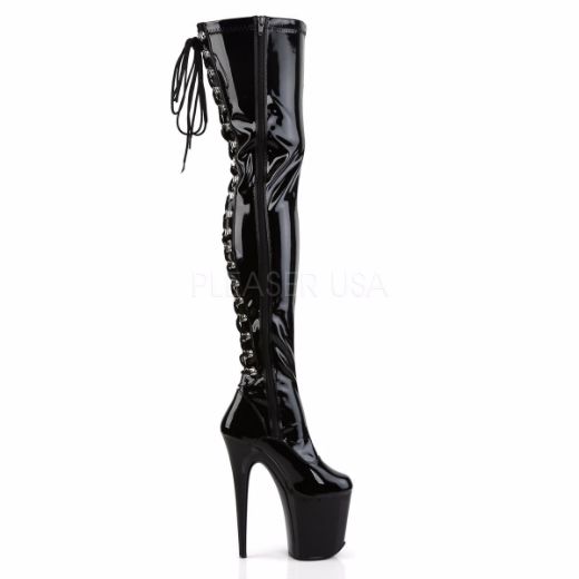 Product image of Pleaser Flamingo-3063 Black Stretch Patent/Black, 8 inch (20.3 cm) Heel, 4 inch (10.2 cm) Platform Thigh High Boot