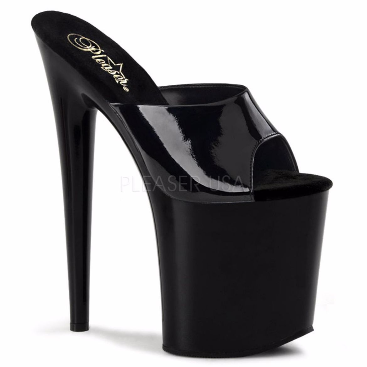 Product image of Pleaser Flamingo-801 Black Patent/Black, 8 inch (20.3 cm) Heel, 4 inch (10.2 cm) Platform Slide Mule Shoes