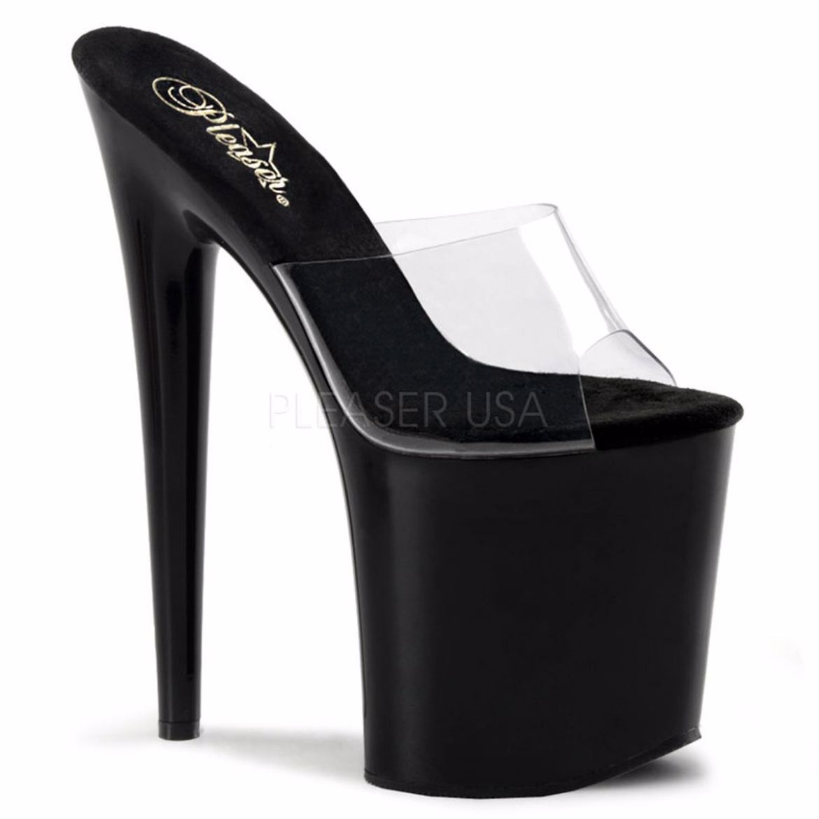 Product image of Pleaser Flamingo-801 Clear/Black, 8 inch (20.3 cm) Heel, 4 inch (10.2 cm) Platform Slide Mule Shoes
