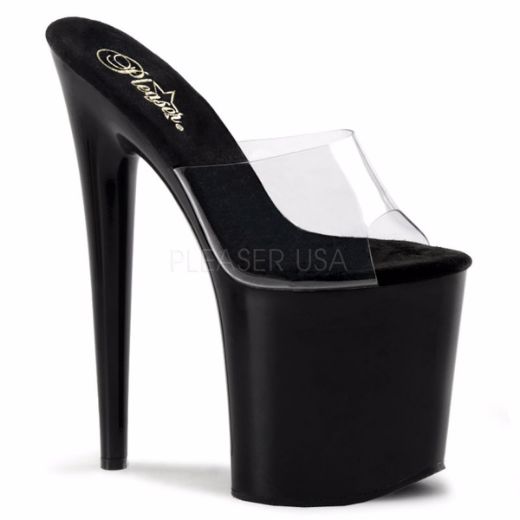 Product image of Pleaser Flamingo-801 Clear/Black, 8 inch (20.3 cm) Heel, 4 inch (10.2 cm) Platform Slide Mule Shoes