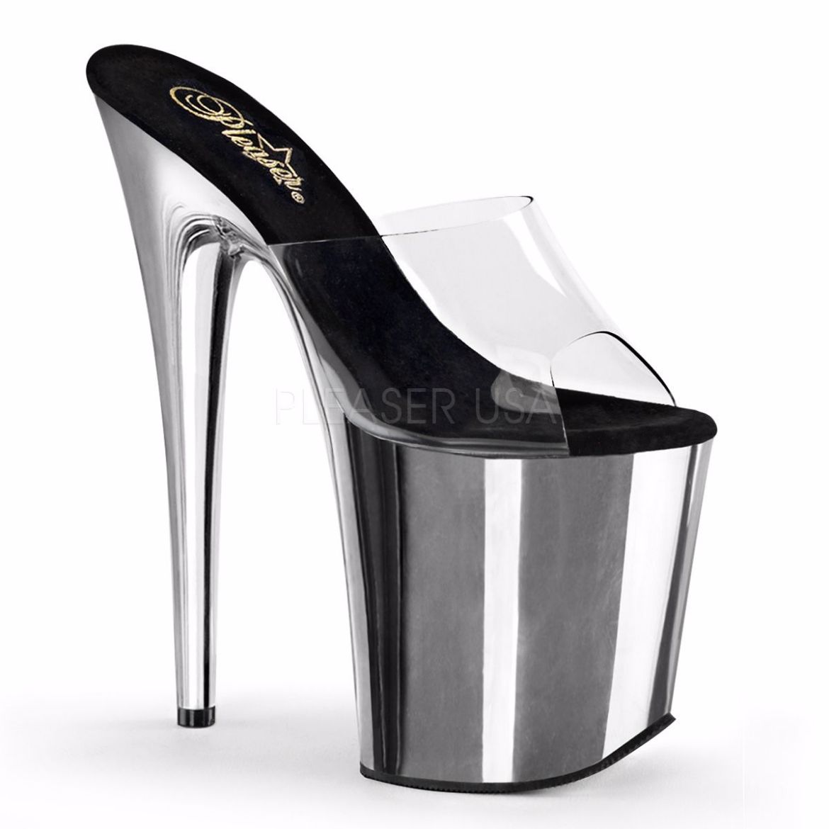 Product image of Pleaser Flamingo-801 Clear/Silver Chrome, 8 inch (20.3 cm) Heel, 4 inch (10.2 cm) Platform Slide Mule Shoes
