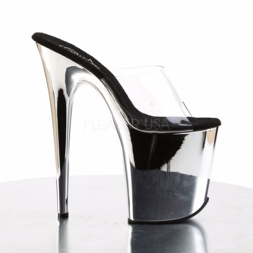 Product image of Pleaser Flamingo-801 Clear/Silver Chrome, 8 inch (20.3 cm) Heel, 4 inch (10.2 cm) Platform Slide Mule Shoes