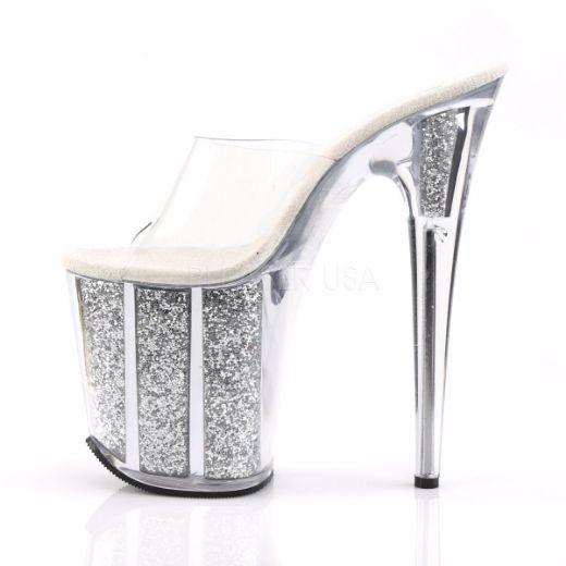 Product image of Pleaser Flamingo-801G Clear/Silver Glitter, 8 inch (20.3 cm) Heel, 4 inch (10.2 cm) Platform Slide Mule Shoes