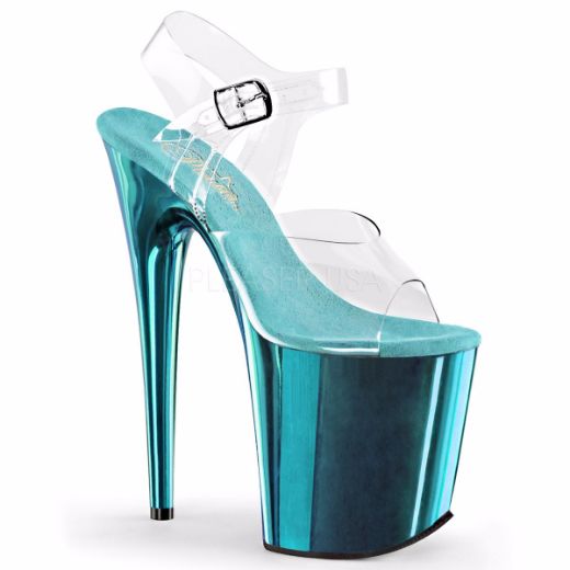 Product image of Pleaser Flamingo-808 Clear/Turquoise Chrome, 8 inch (20.3 cm) Heel, 4 inch (10.2 cm) Platform Sandal Shoes
