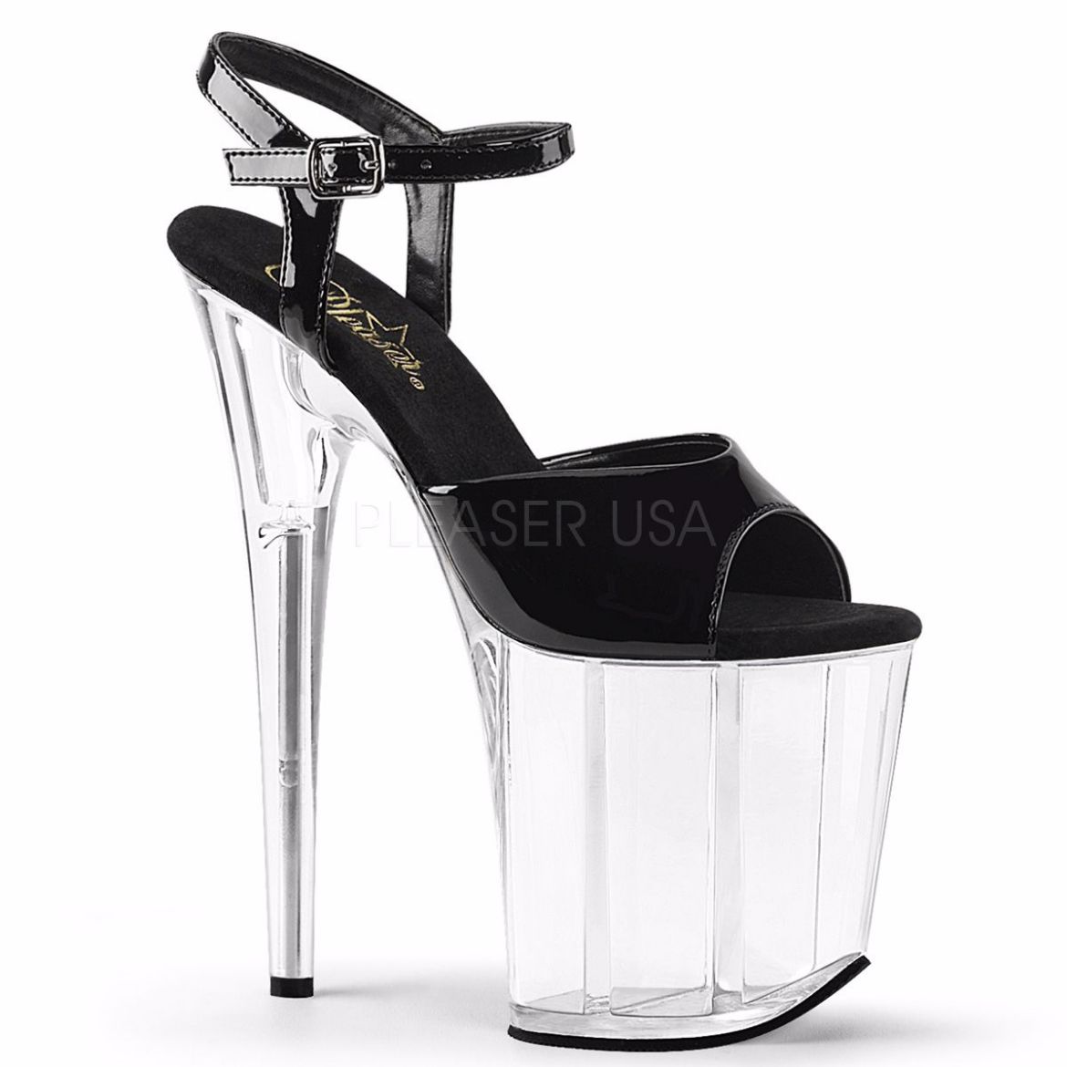 Product image of Pleaser Flamingo-809 Black Patent/Clear, 8 inch (20.3 cm) Heel, 4 inch (10.2 cm) Platform Sandal Shoes