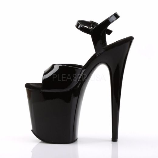 Product image of Pleaser Flamingo-809 Black Patent/Black, 8 inch (20.3 cm) Heel, 4 inch (10.2 cm) Platform Sandal Shoes