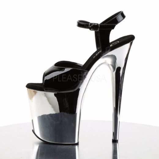 Product image of Pleaser Flamingo-809 Black Patent/Silver Chrome, 8 inch (20.3 cm) Heel, 4 inch (10.2 cm) Platform Sandal Shoes