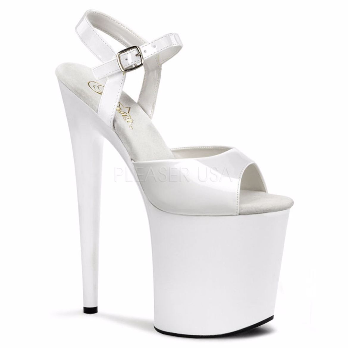 Product image of Pleaser Flamingo-809 White Patent/White, 8 inch (20.3 cm) Heel, 4 inch (10.2 cm) Platform Sandal Shoes