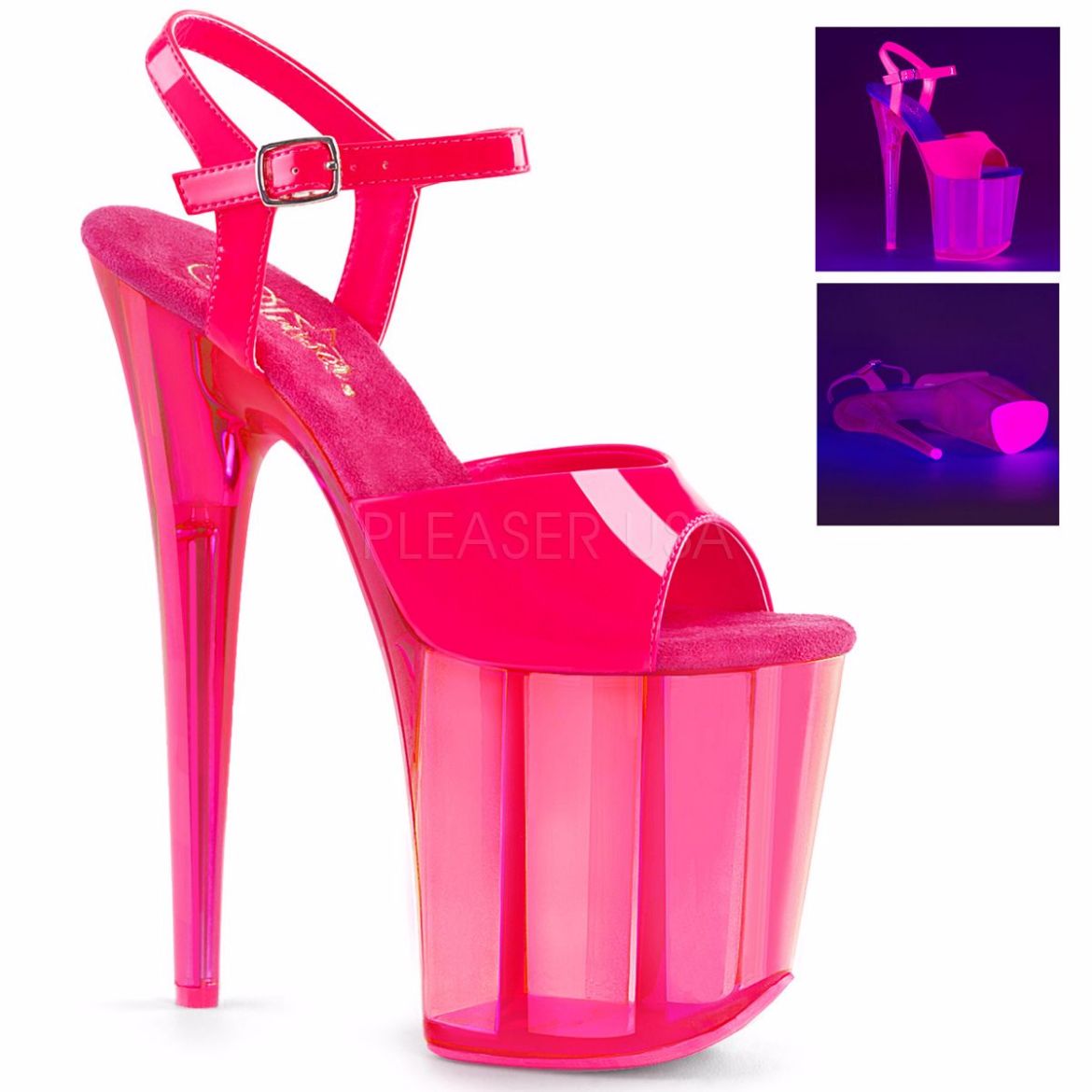 Product image of Pleaser Flamingo-809Uvt Neon Hot Pink Patent/Hot Pink Tinted, 8 inch (20.3 cm) Heel, 4 inch (10.2 cm) Platform Sandal Shoes