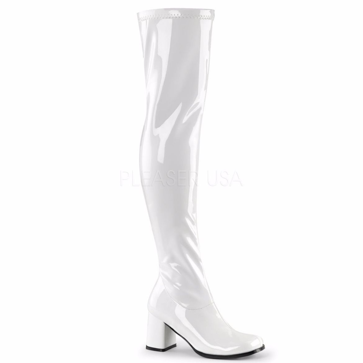 Product image of Funtasma Gogo-3000 White Stretch Patent, 3 inch (7.6 cm) Block Heel Knee High Boot