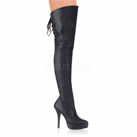 Product image of Devious Indulge-3011 Black Leather (P), 5 1/4 inch (13.3 cm) Heel, 1 1/4 inch (3.2 cm) Platform Thigh High Boot