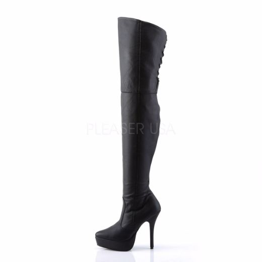Product image of Devious Indulge-3011 Black Leather (P), 5 1/4 inch (13.3 cm) Heel, 1 1/4 inch (3.2 cm) Platform Thigh High Boot