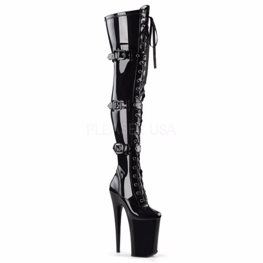 Product image of Pleaser Infinity-3028 Black Stretchetch Patent/Black, 9 inch (22.9 cm) Heel, 5 1/4 inch (13.3 cm) Platform Thigh High Boot