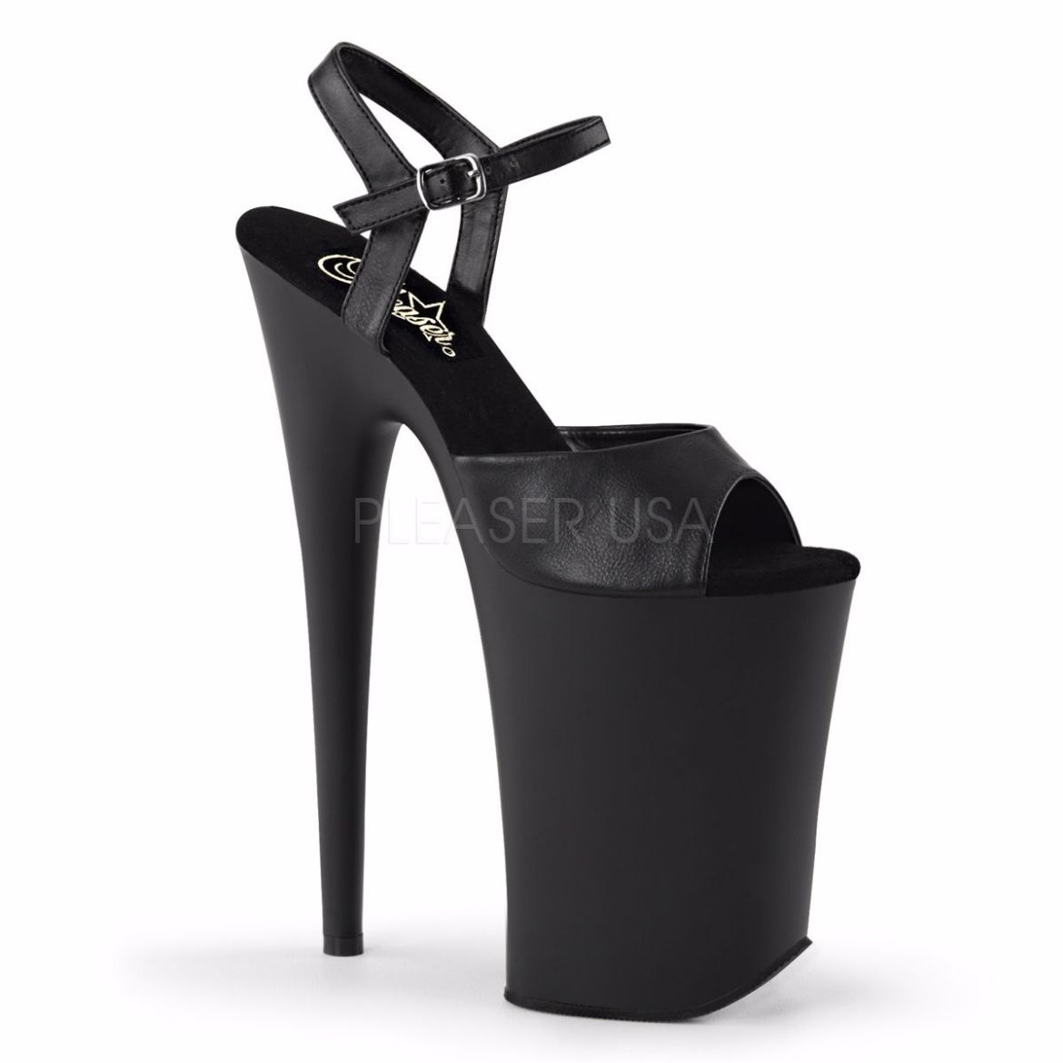 Product image of Pleaser Infinity-909 Black Faux Leather/Black Matte, 9 inch (22.9 cm) Heel, 5 1/4 inch (13.3 cm) Platform Sandal Shoes