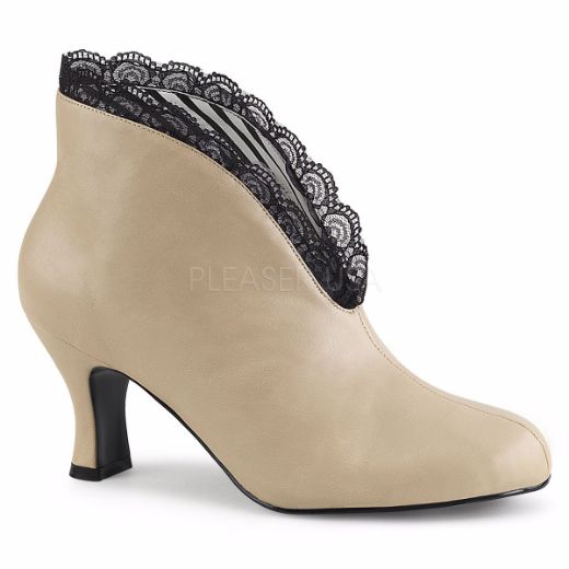 Product image of Pleaser Pink Label Jenna-105 Cream Faux Leather-Black Lace, 3 inch (7.6 cm) Heel Ankle Boot
